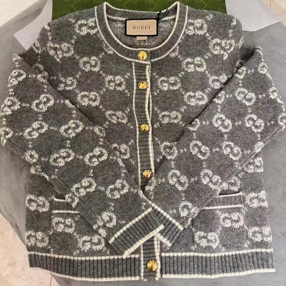 Gucci Gray and White Logo Cardigan